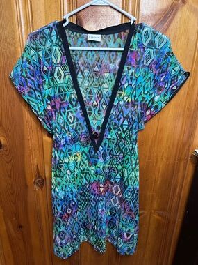 Profile By Gottex Multicolor Geometric Swim Coverup with Black Trim